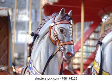 Close up of a Carousel Horse at Daylight. A colorful head and Neck Against Colorful Blurred background