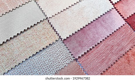 Close Up Catalog Of Interior Luxury Fabric Sample Chart Showing Multi Texture ,pattern And Color Tone. Interior Drapery And Curtain Samples In Candy Color Palette.