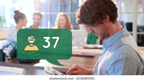 Close up of a Caucasian man texting beside a human icon and increasing numbers inside a green chat box. He looks up and smiles while a group of people chat in the background 4k - Powered by Shutterstock - Get 15% off with code: PIKWIZARD15