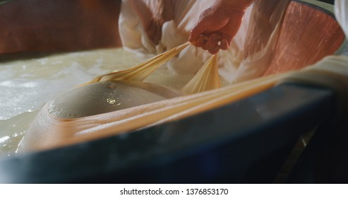 Close up of a cheesemaker is preparing  a form of Parmesan cheese using fresh and biologic milk following the ancient Italian tradition in a dairy factory. - Powered by Shutterstock - Get 15% off with code: PIKWIZARD15