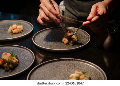 Close up of a chef's hand cooking and preparing fine dining meals. Food prepping in the kitchen. - Shutterstock ID 2240181847