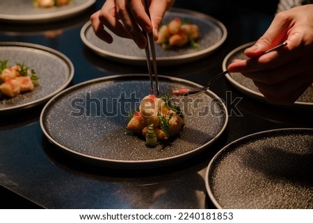 Close up of a chef's hand cooking and preparing fine dining meals. Food prepping in the kitchen.