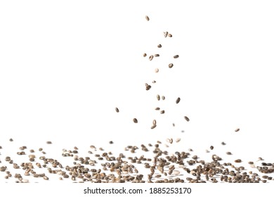 Close Up Of Chia Seeds Falling And Landing Spread With White Background