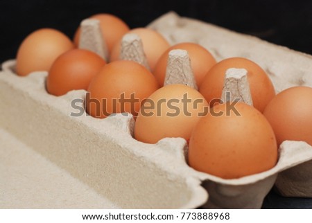 Close up of Chicken eggs, Close of package with eggs ,Eggs in tray, Pack of hen eggs