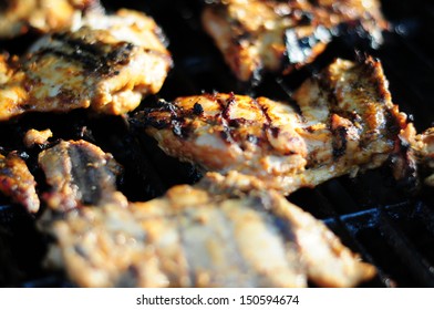 Close Up Of Chicken Grilling On Propane Grill