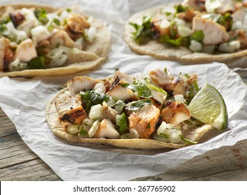 Close Up Of Chicken Street Taco On Wood