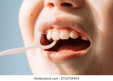 Close up child using a floss pick between teeth, kids dental hygiene routine