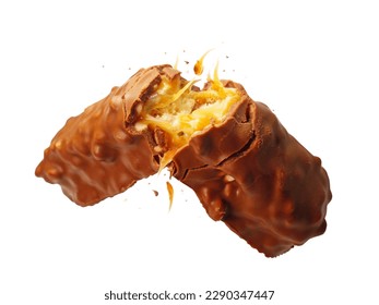 A close up of chocolate candy bar with caramel nut filling snapping in half floating in the air studio shot isolated on white background