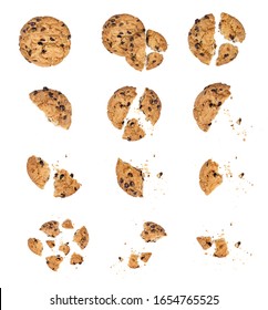 Close Up Of Chocolate Chip Cookie Pieces With Crumbs Set Collection Isolated On White Background