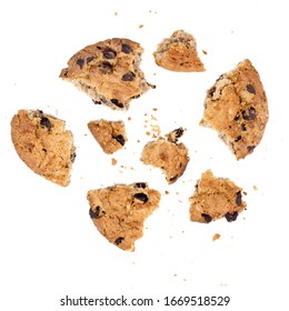 Close Up Of Chocolate Chip Cookie Pieces With Crumbs Isolated On White Background