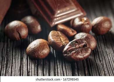 close up of chocolate and coffee beans, shallow dof 