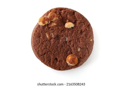 Close up Chocolate cookie with hazelnuts, isolated on white bakcground, top view - Shutterstock ID 2163508243