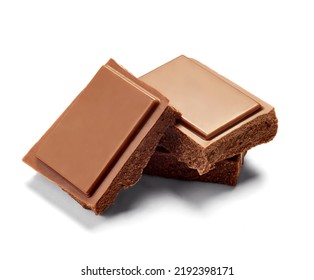 close up of chocolate pieces stack  on white background
