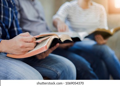 close up of christian group are reading and study bible together in Sunday school class room