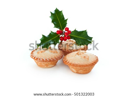 Close up of Christmas Mince Pies and holly sprig isolated on a white background. Sweet Mince Pies, fruit filling. Stock photo © 
