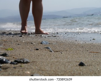 Close Up Of A Chubby Woman Feet Walking On The Beach 