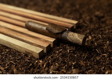 Close up of a cigar anatomy with its details of each wrapper tobacco leafs