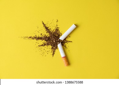 Close up cigarette broken tobacco blast spread on yellow pastel background with light side and little shadow. No and quitting smoking concept.