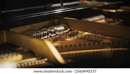 Close Up of Classic Grand Piano Parts Under the Lid. Instrument is Being Played by a Pianist. Photo Showing a Soundboard with Bass and Treble Strings and Moving Dampers