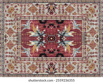 Close up of classic middle eastern Arabic and morroccan carpet rug texture. Seen here the floral swirls pattern with engraved ornamental medallion in the center. In red, white, and gold color.