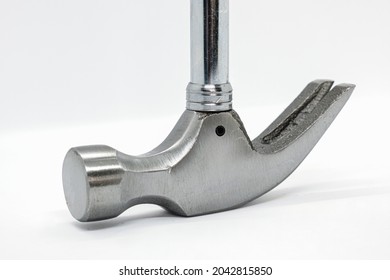 Close Up Of Claw Hammer On White Background. Straight Rip Claw With Smooth Face. Metal Hand Hammer For Carpentry And Renovation Work.