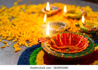 Traditional Diya Lamp Lit On Colorful Stock Photo (Edit Now) 300168158