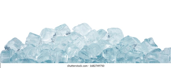 Close up clear ice cubes and rocks isolated on white background, low angle side view - Shutterstock ID 1682749750