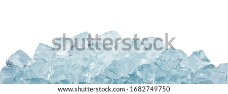 Close up clear ice cubes and rocks isolated on white background, low angle side view