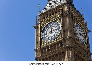 Close up of the clock face on the famous landmark clock tower known as Big Ben in London, England. Part of the Palace of Westminster also known as the Houses of Parliament.
