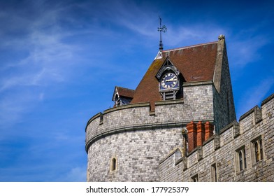 Close Up Of The Clock On The Curfew Tower At Windsor Castle In Berkshire, England