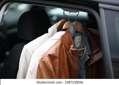 Close Up Of Clothing On Coat Hanger In Car, Munich, Bavaria, Germany, Europe