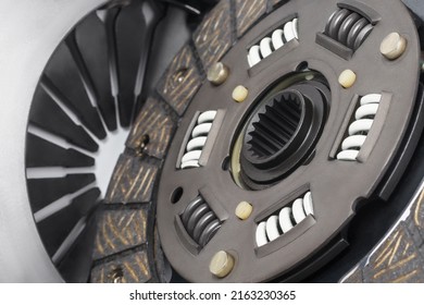 Close Up Of Clutch Disc Of Manual Gearbox Car, Selective Focus. Car Clutch Repair Kit. Automotive Spare Parts.