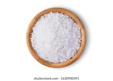 Close Up Coarse Or Rock Natural Sea Salt In Brown Bowl Isolated On White Background. Clipping Path. Top View. Flat Lay.