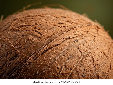 Close up of coconut shell with rough brown fiber texture.