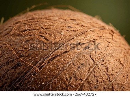 Close up of coconut shell with rough brown fiber texture.