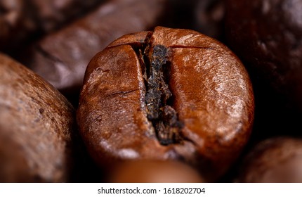 Close up of a coffee bean.
				Macro photography of coffee beans in high resolution. Very detailed sharp ultra macro on a roasted coffee bean.  Microscopic photography. Perfect desktop background picture