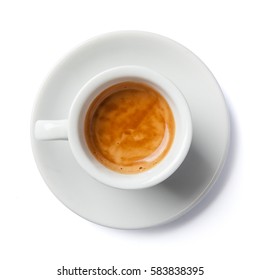 Close Up Of Coffee Cup And Saucer. Top View, Isolated On White.