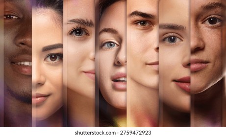 Close up collage of multiple faces from different ethnic groups with natural expressions. Concept of cultural diversity, human identity, inclusion, equality, social unity, global population.