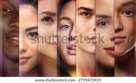 Close up collage of multiple faces from different ethnic groups with natural expressions. Concept of cultural diversity, human identity, inclusion, equality, social unity, global population.