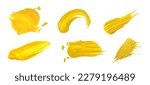Close up collection of different yellow American mustard wet stains isolated on white background, top view, directly above