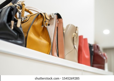 Close Up Collection Of Woman Feminine Handbags, Standing In A Row On Shelf