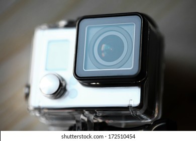 Close up color shot of a small action camera