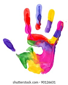 Close Up Of Colored Hand Print On White Background