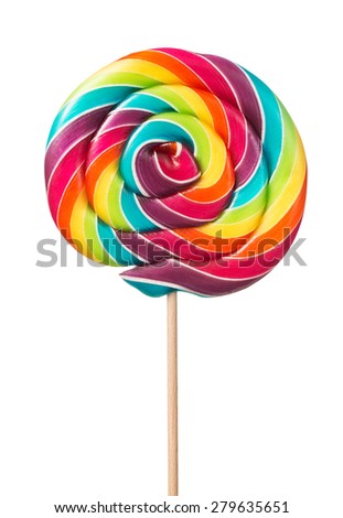Close up of colorful, handmade swirl lollipop isolated on white background