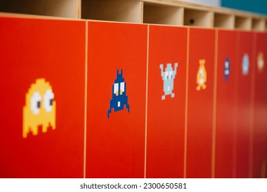 Close up of colorful lockers doors with funny animals in day care school