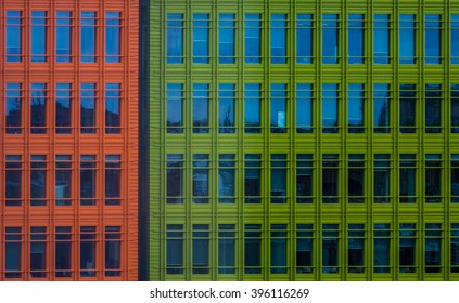 Close Up Of Colorful Modern Commercial Architecture In London, UK