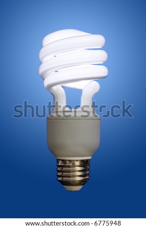Close up of a compact fluorescent light bulb, turned on with a blue gradient behind.