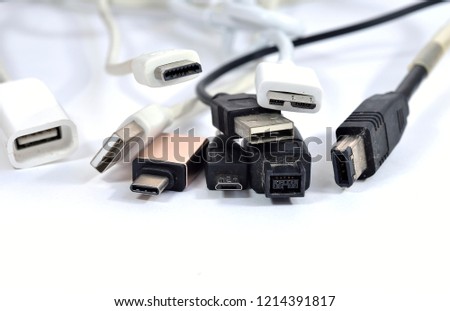 Close up of computer cable usb isolated on white background, selective focus.