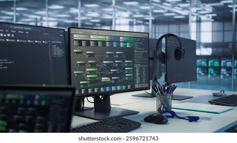 Close up of computer displays in empty data center establishment monitoring hardware energy consumption. PC screens on server hub office desk showing programming software