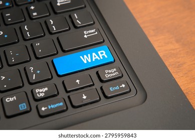 Close up of a computer keyboard with a blue war key, representing military conflict, geopolitical tension, cyber warfare, defense strategies, security risks, and global crisis concepts.